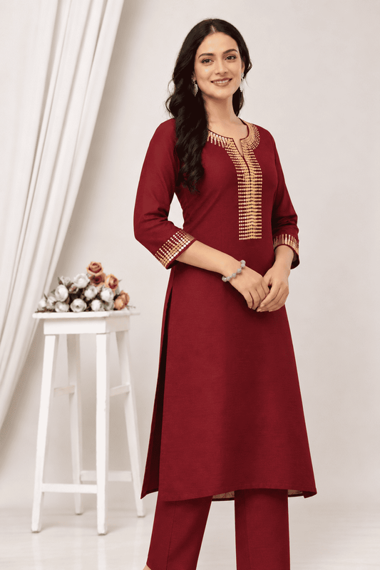 Maroon Silk Blend Embroidered Kurta Pant Set
