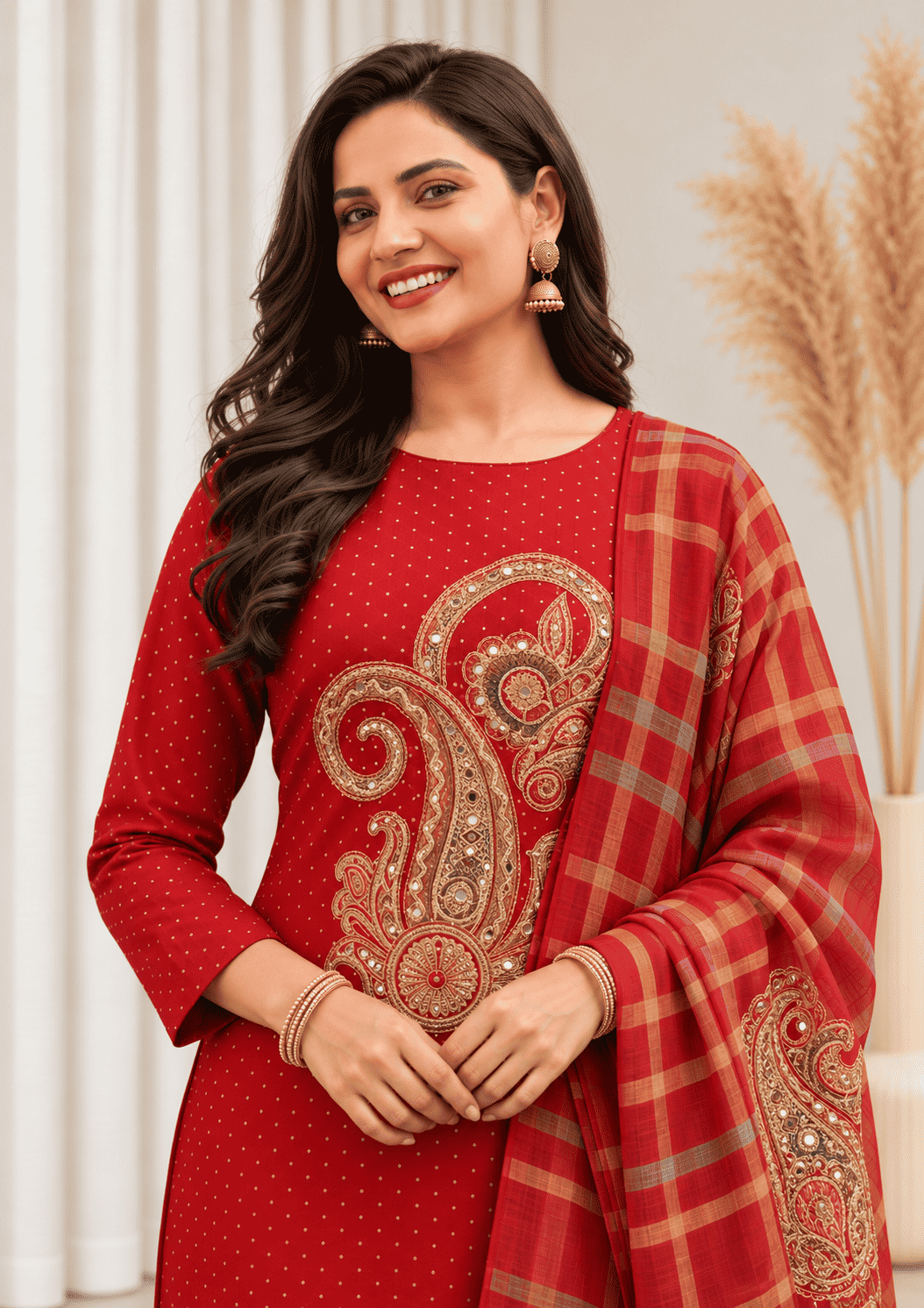 Unstitched Rich Maroon Art Silk Suit With Multicoloured Paisley Applique And Mirror Handwork Detailing