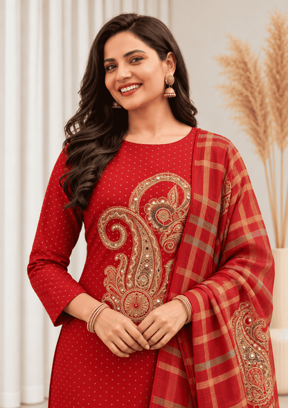 Unstitched Rich Maroon Art Silk Suit With Multicoloured Paisley Applique And Mirror Handwork Detailing