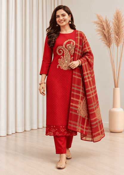 Unstitched Rich Maroon Art Silk Suit With Multicoloured Paisley Applique And Mirror Handwork Detailing
