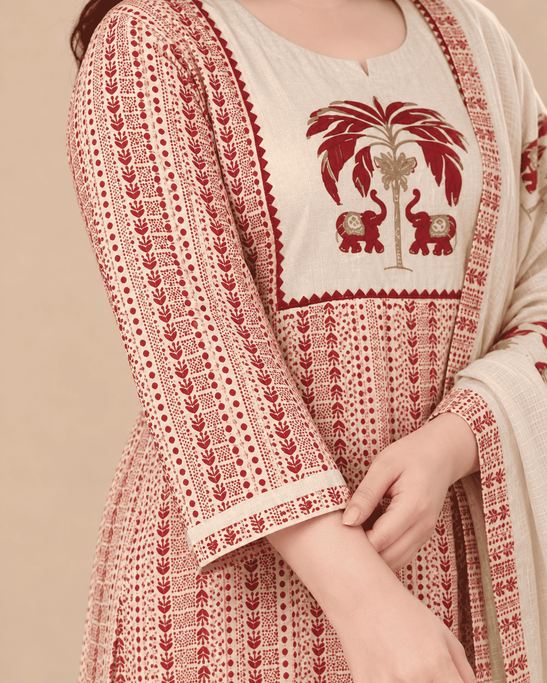 Off White in maroon tone printed cotton kurta and pant with dupatta