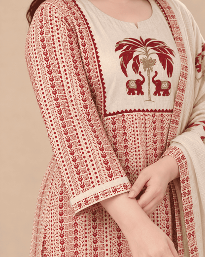 Off White in maroon tone printed cotton kurta and pant with dupatta