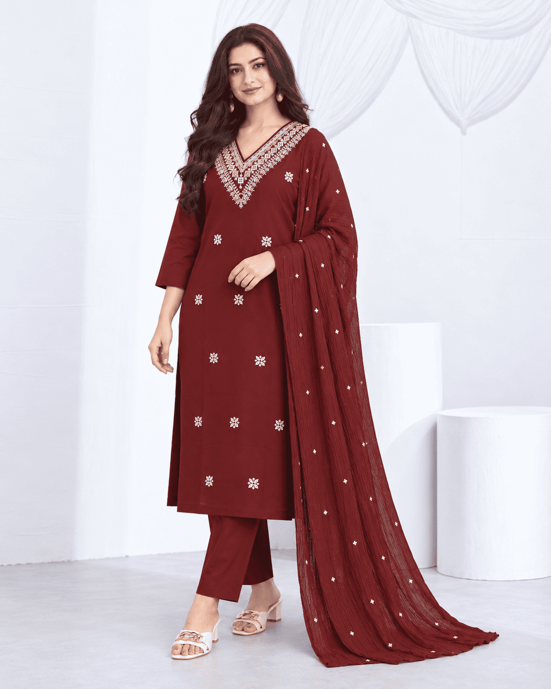 Deep Maroon Embroidered Cotton Blend Kurta Pant and Dupatta
