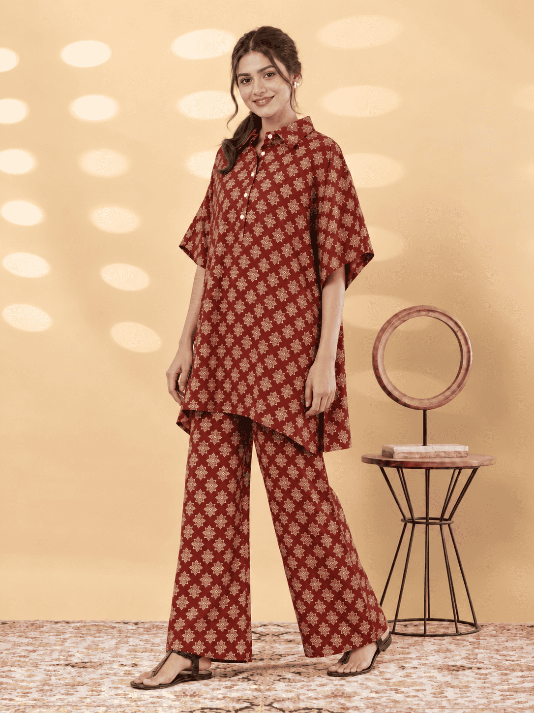 Maroon Printed Cotton Blend Co-ord Set