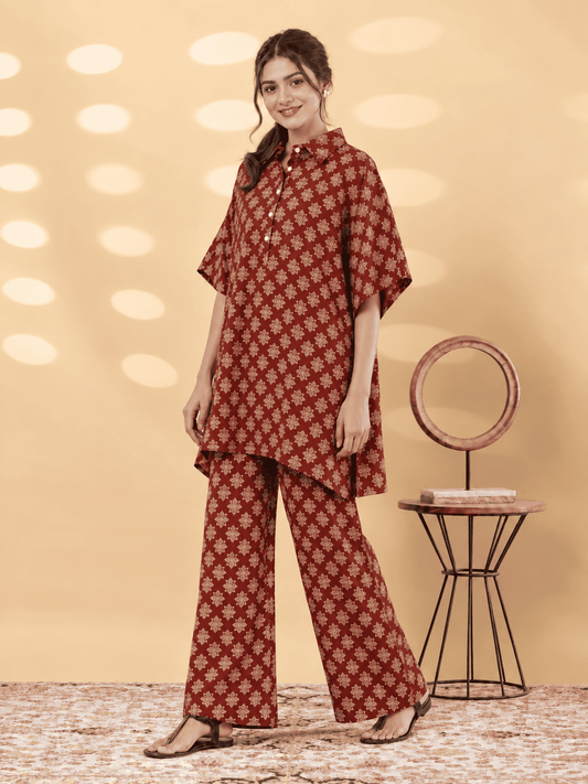 Maroon Printed Cotton Blend Co-ord Set
