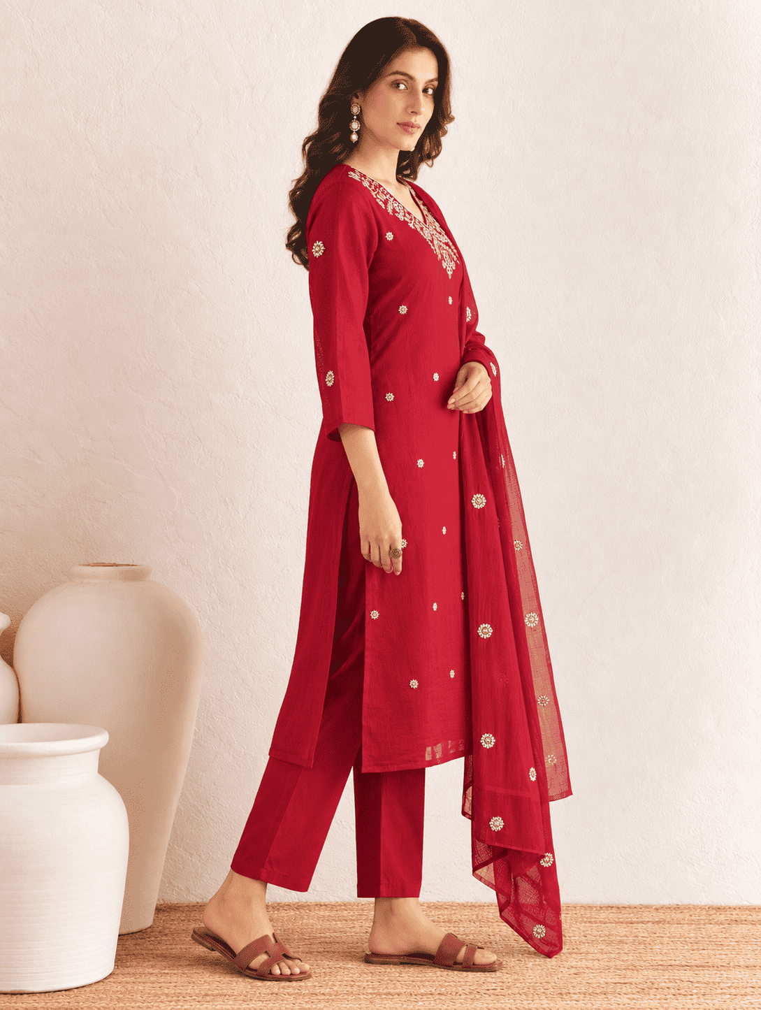 Maroon Embroidered Rayon Kurta Pant and Dupatta