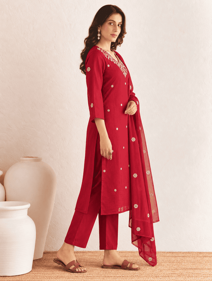 Maroon Embroidered Rayon Kurta Pant and Dupatta