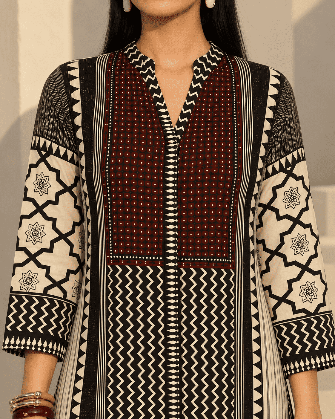 Black & Ivory Printed Modal Rayon Kurta Pant Set