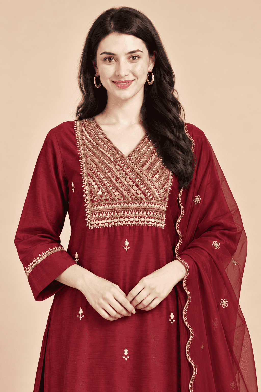 Wine Embroidered Dola Silk Straight Kurta and Pant with Dupatta