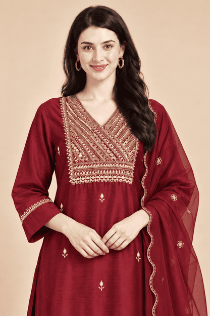 Wine Embroidered Dola Silk Straight Kurta and Pant with Dupatta