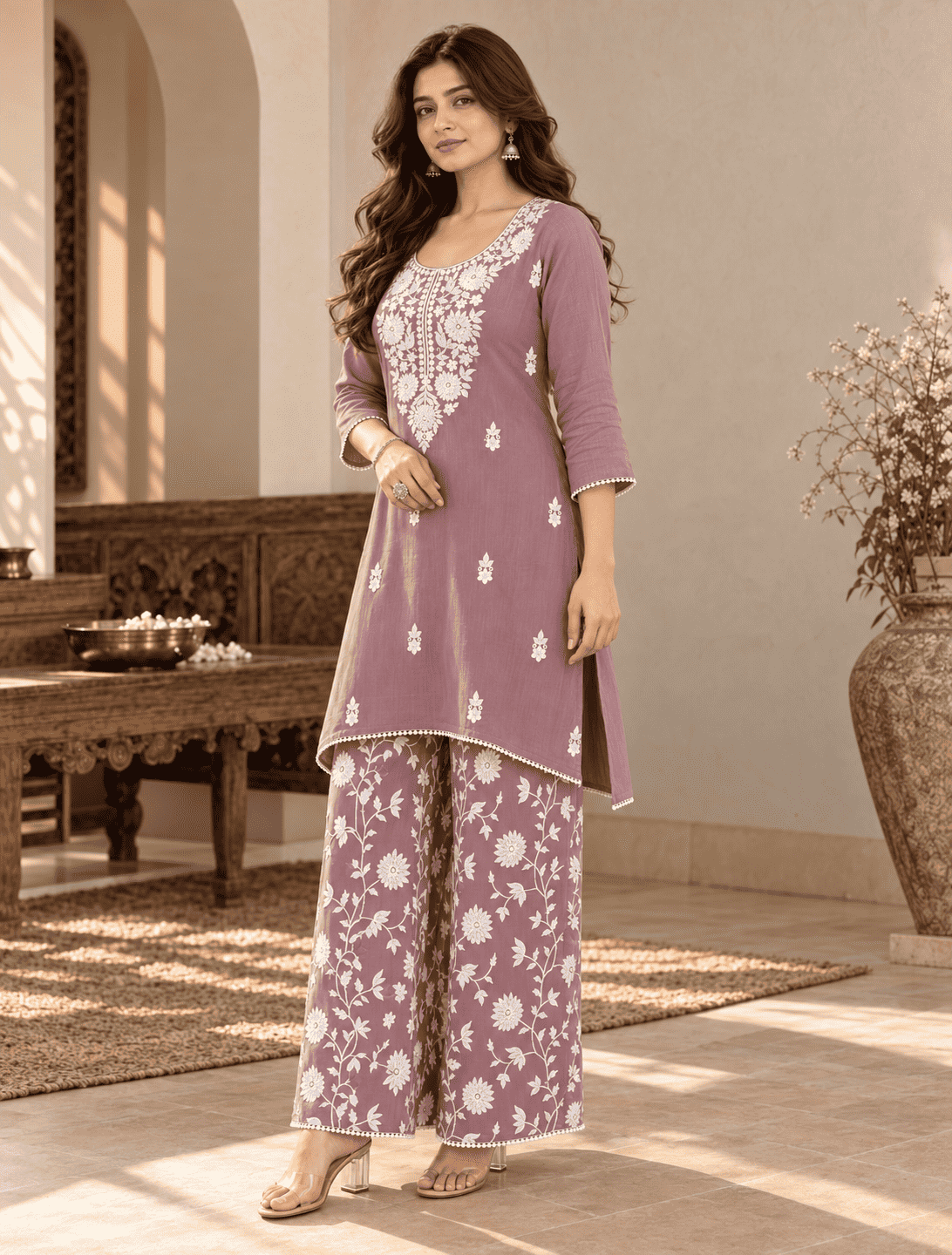 Lilac Mul Chanderi Embroidered Kurta Pant Set