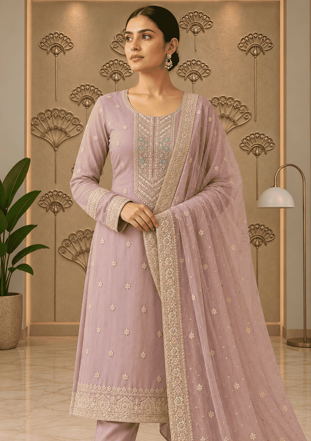 Semi Stitched Sheer Chiffon Lilac With Sequins Suit Material