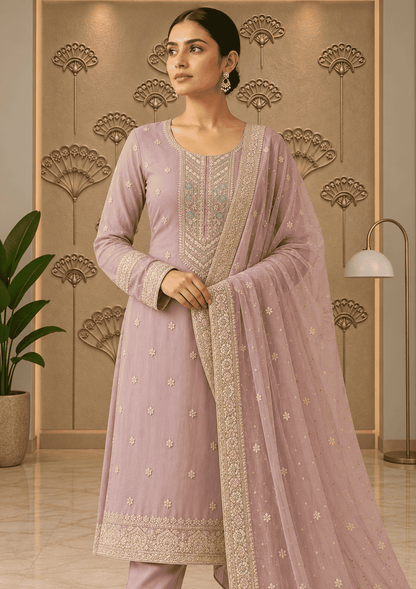 Semi Stitched Sheer Chiffon Lilac With Sequins Suit Material
