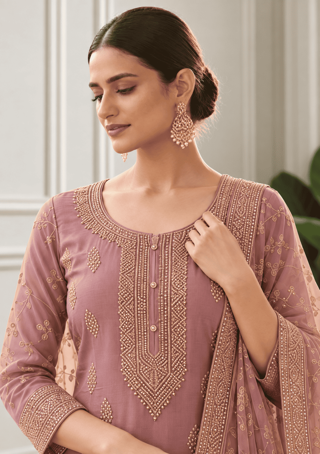 Semi-Stitched Dusty Mauve Chiffon Suit With Delicate Golden Thread And Sequin Embroidery