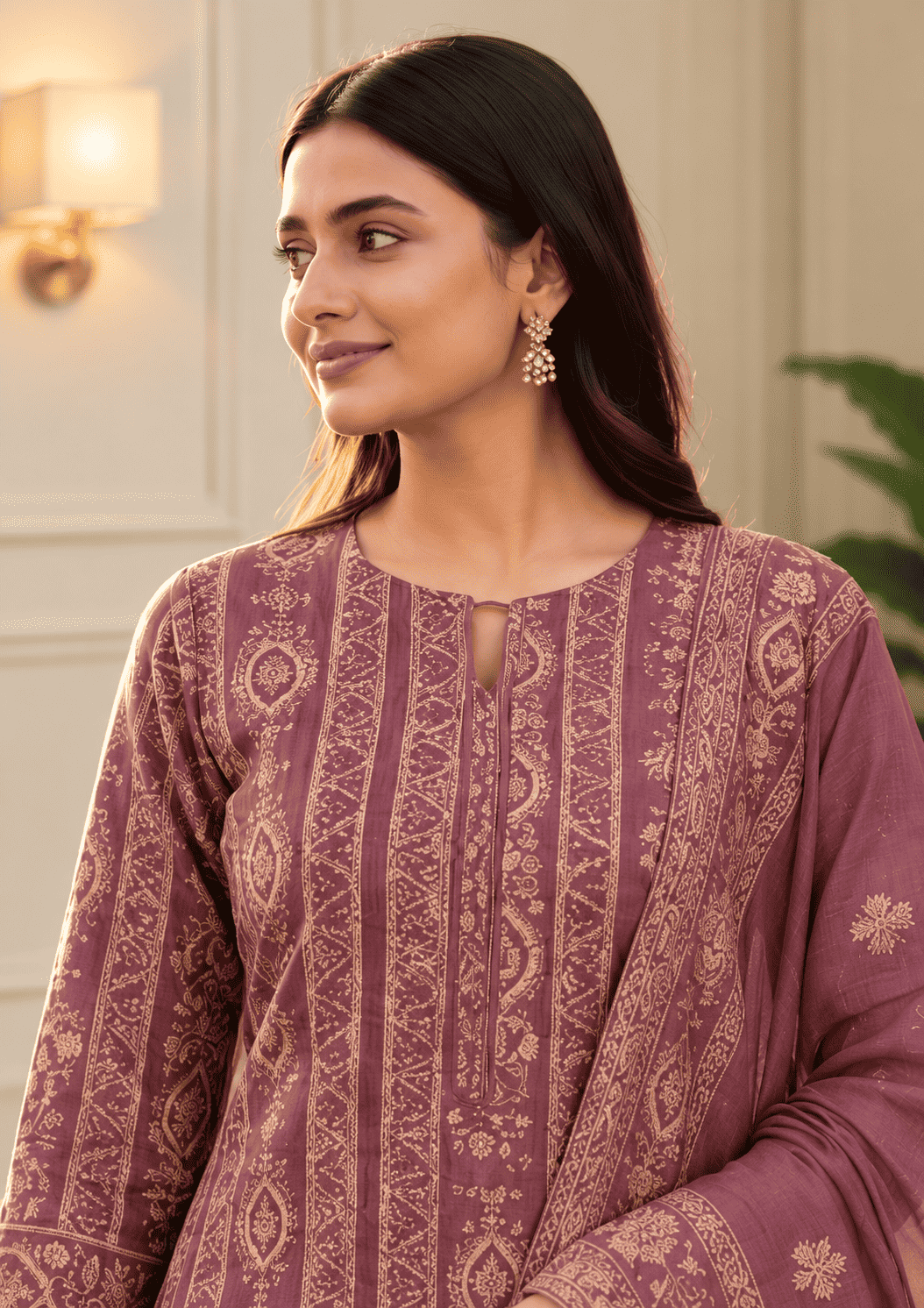 Unstitched Dusty Mauve-Purple Viscose-Georgette Fabric Adorned With Delicate Ivory Thread Embroidered Suit Material