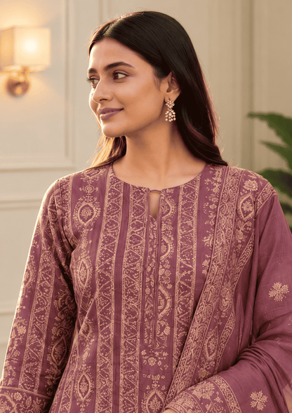 Unstitched Dusty Mauve-Purple Viscose-Georgette Fabric Adorned With Delicate Ivory Thread Embroidered Suit Material