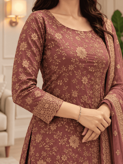 Unstitched Mauve Silk-Textured Fabric With Zari Suit Material