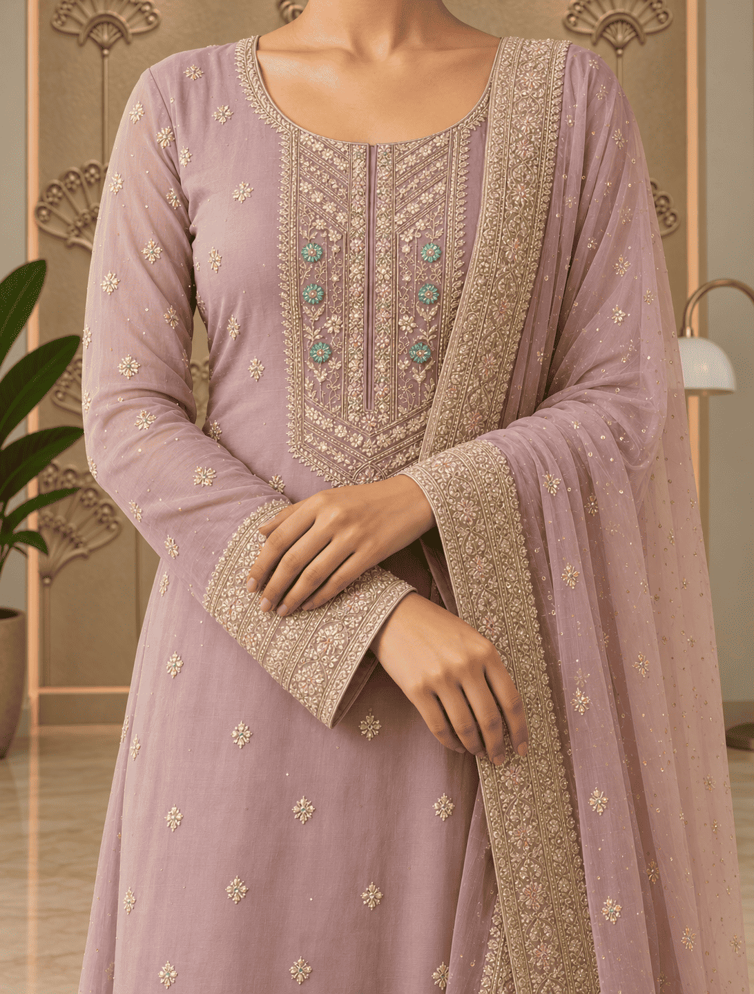 Semi Stitched Sheer Chiffon Lilac With Sequins Suit Material