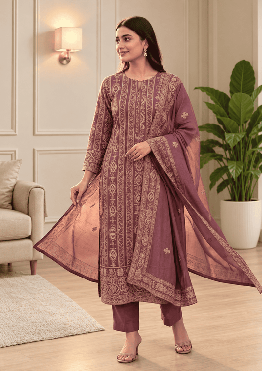 Unstitched Dusty Mauve-Purple Viscose-Georgette Fabric Adorned With Delicate Ivory Thread Embroidered Suit Material