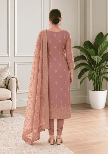 Semi-Stitched Dusty Mauve Chiffon Suit With Delicate Golden Thread And Sequin Embroidery