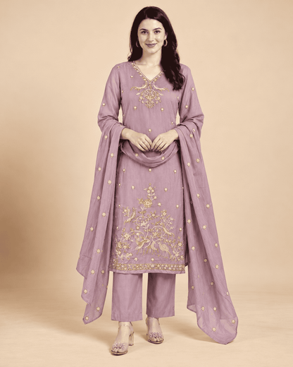 Lavender Embroidered Silk Blend Kurta Pant and Dupatta
