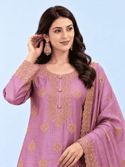 Purple-Lavender Semi Stitched Shimmer Tissue Suit Set With Dupatta With Embroidery