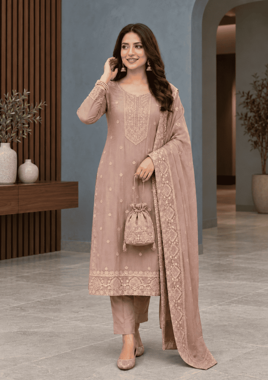 Blush Pink Semi-Stitched Soft Organza Suit Set With Dupatta