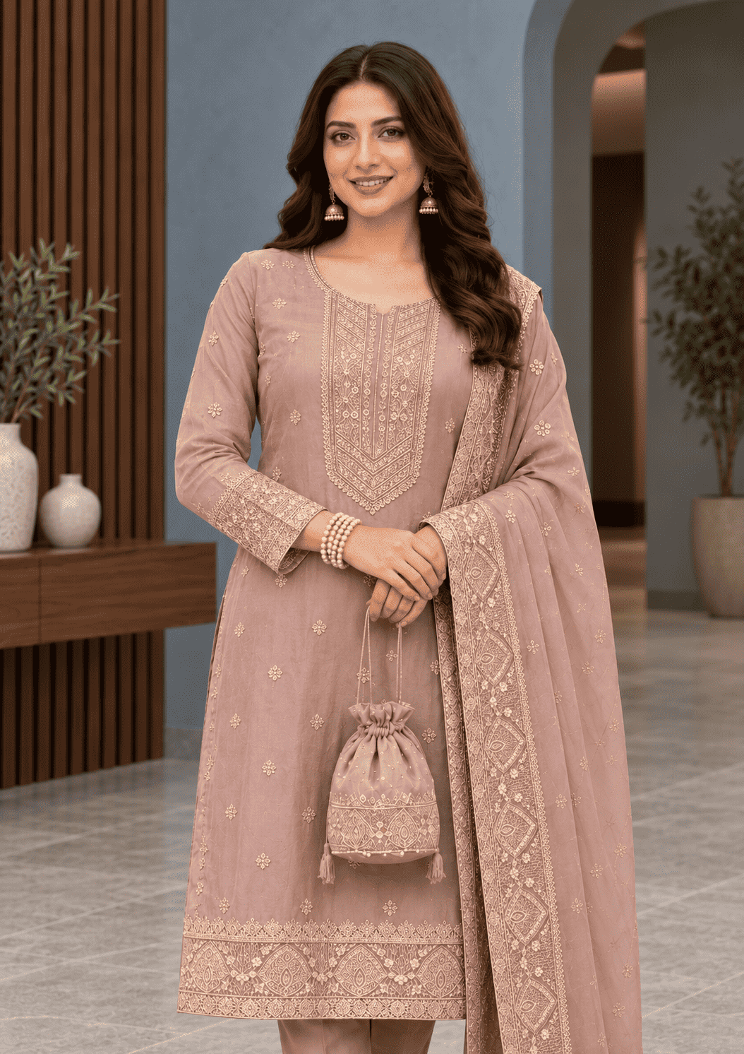 Blush Pink Semi-Stitched Soft Organza Suit Set With Dupatta