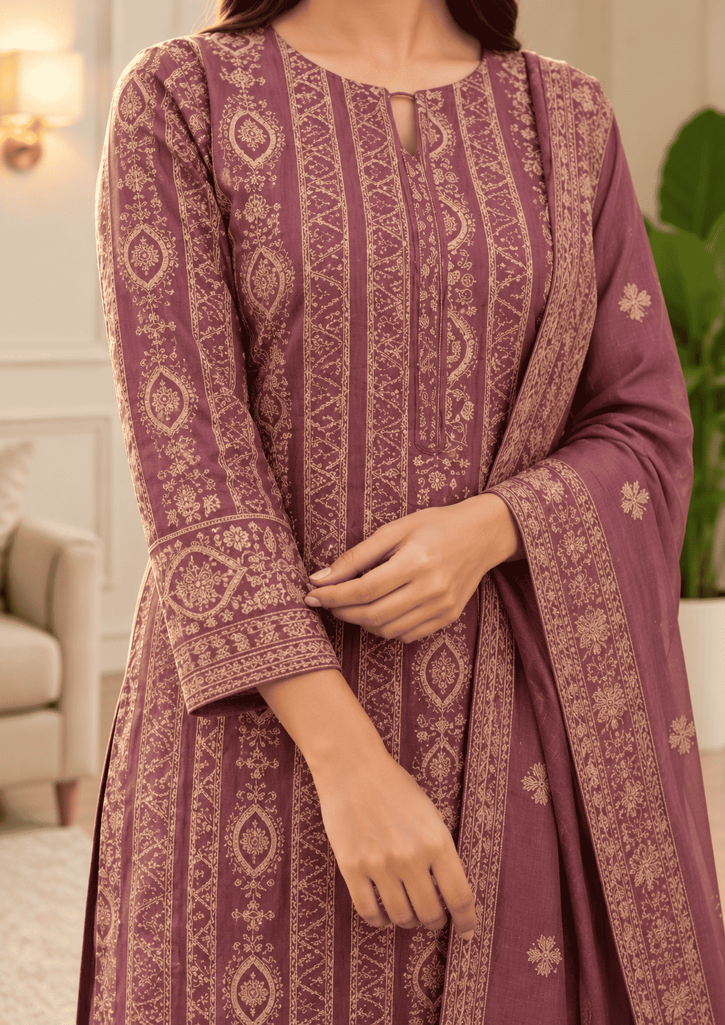 Unstitched Dusty Mauve-Purple Viscose-Georgette Fabric Adorned With Delicate Ivory Thread Embroidered Suit Material