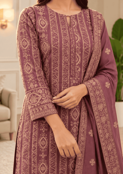 Unstitched Dusty Mauve-Purple Viscose-Georgette Fabric Adorned With Delicate Ivory Thread Embroidered Suit Material