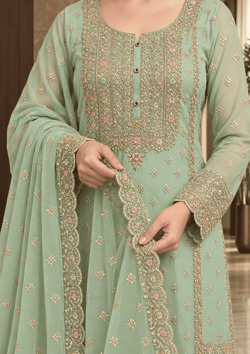 Semi-Stitched Soft Organza In Pastel Aqua With Intricate Multicolour Thread And Sequin Embroidery Suit Material
