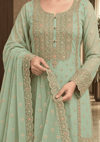 Semi-Stitched Soft Organza In Pastel Aqua With Intricate Multicolour Thread And Sequin Embroidery Suit Material