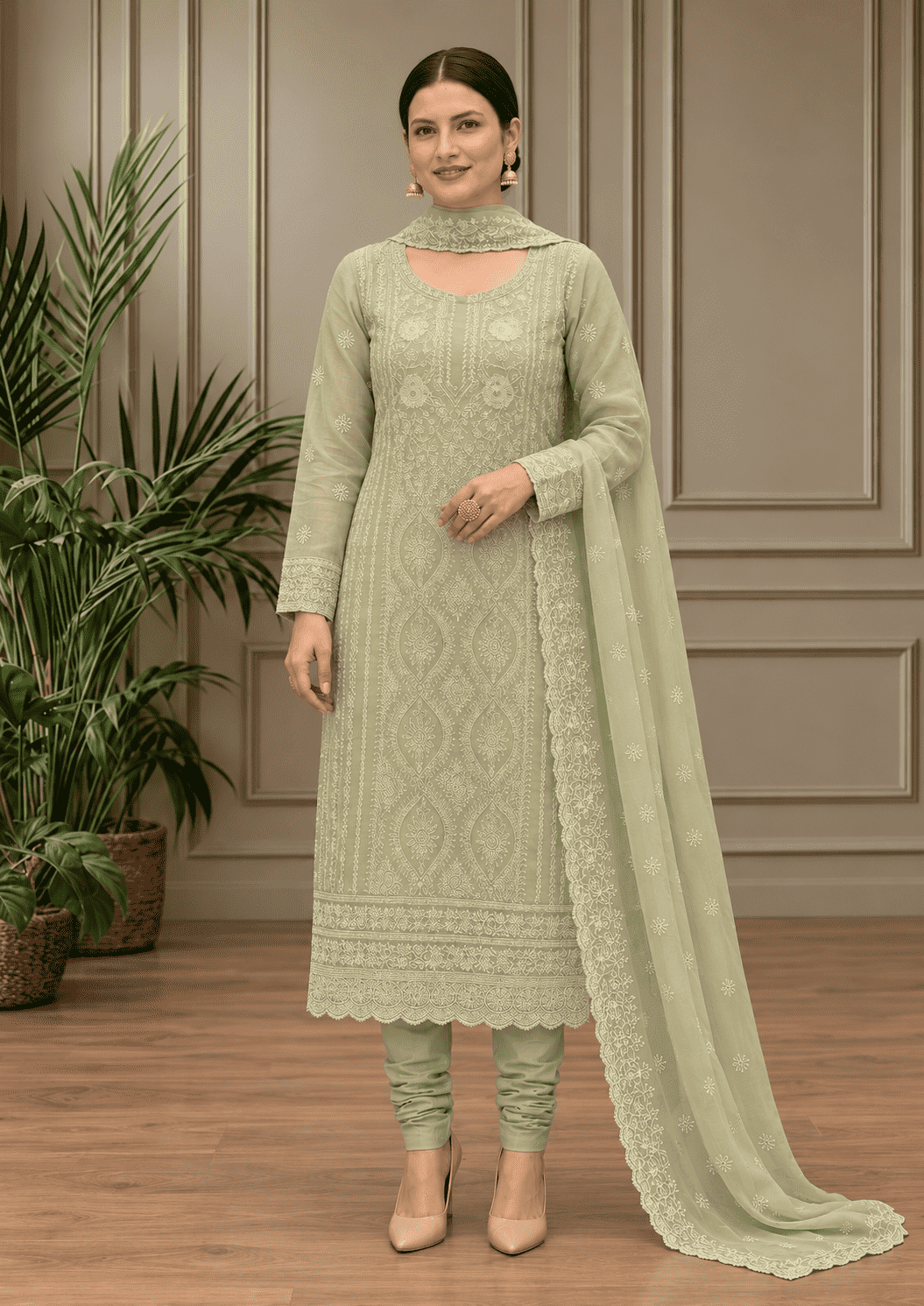 Semi-Stitched Soft Pastel Mint Green Organza Suit With Intricate White Thread And Golden Sequin Embroidery