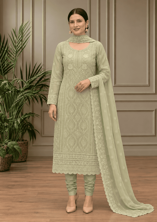 Semi-Stitched Soft Pastel Mint Green Organza Suit With Intricate White Thread And Golden Sequin Embroidery