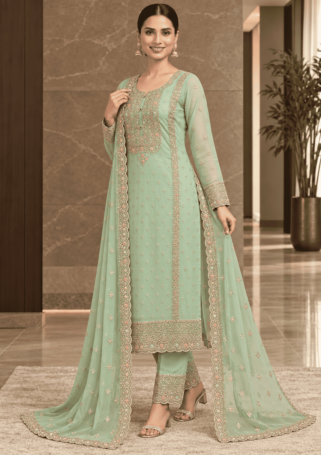 Semi-Stitched Soft Organza In Pastel Aqua With Intricate Multicolour Thread And Sequin Embroidery Suit Material