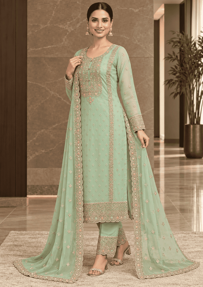 Semi-Stitched Soft Organza In Pastel Aqua With Intricate Multicolour Thread And Sequin Embroidery Suit Material