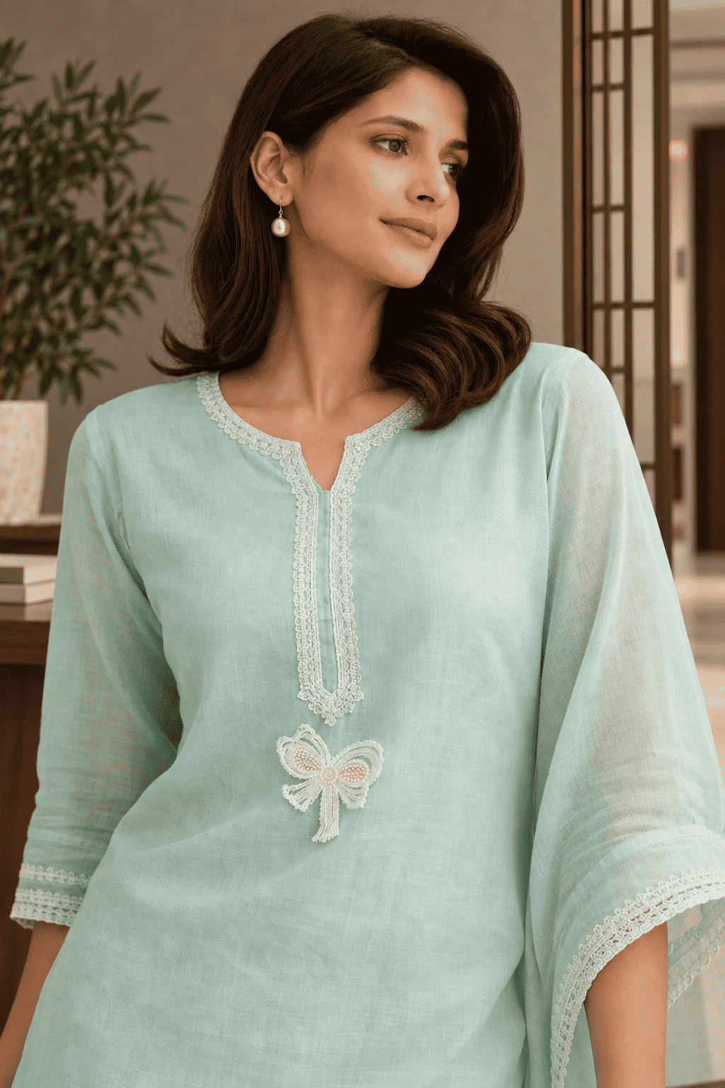 Unstitched sea green linen suit set with dupatta