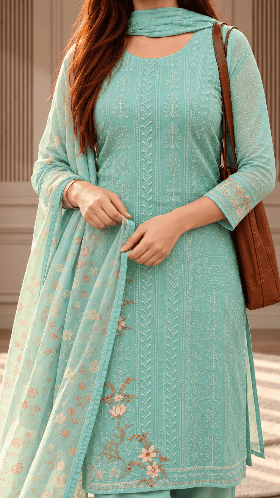 Unstitched Soft Aqua Blue Chiffon Suit With Tonal Thread Embroidery And Subtle Floral Digital Print Highlights