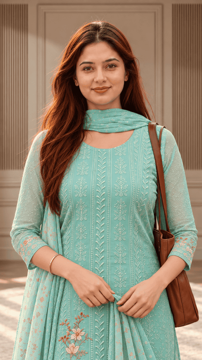 Unstitched Soft Aqua Blue Chiffon Suit With Tonal Thread Embroidery And Subtle Floral Digital Print Highlights