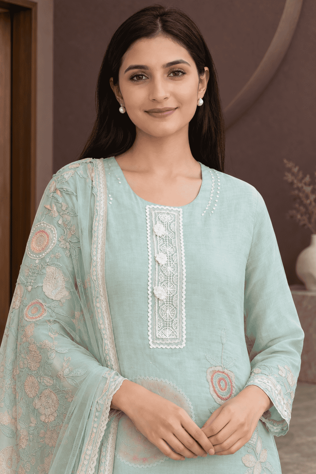 Unstitched Sea green embroidered with artistic printed cotton suit set  with dupatta