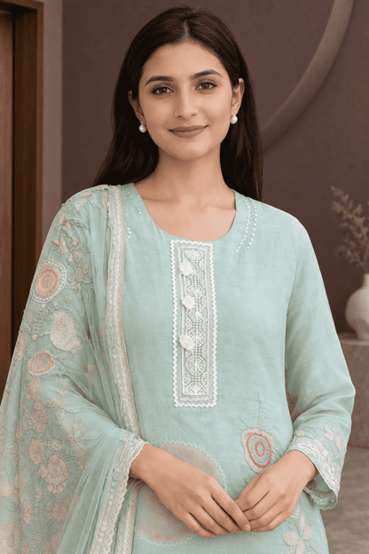 Unstitched Sea green embroidered with artistic printed cotton suit set  with dupatta