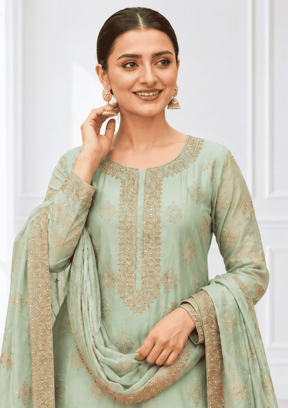 Semi-Stitched Soft Sea-Green Tissue Silk Wth A Glossy, Crinkled Texture Suit Material