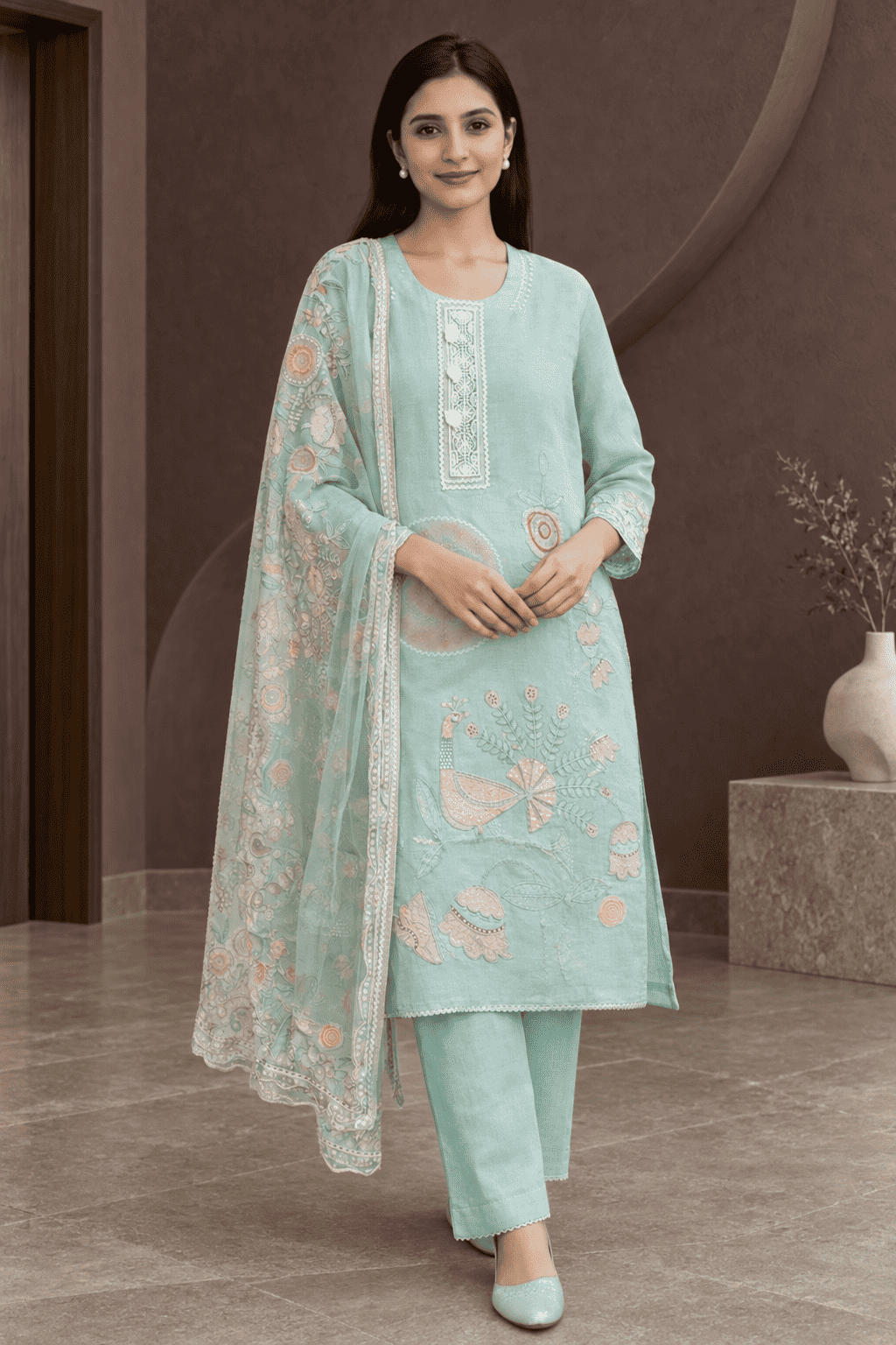 Unstitched Sea green embroidered with artistic printed cotton suit set  with dupatta