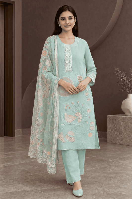 Unstitched Sea green embroidered with artistic printed cotton suit set  with dupatta