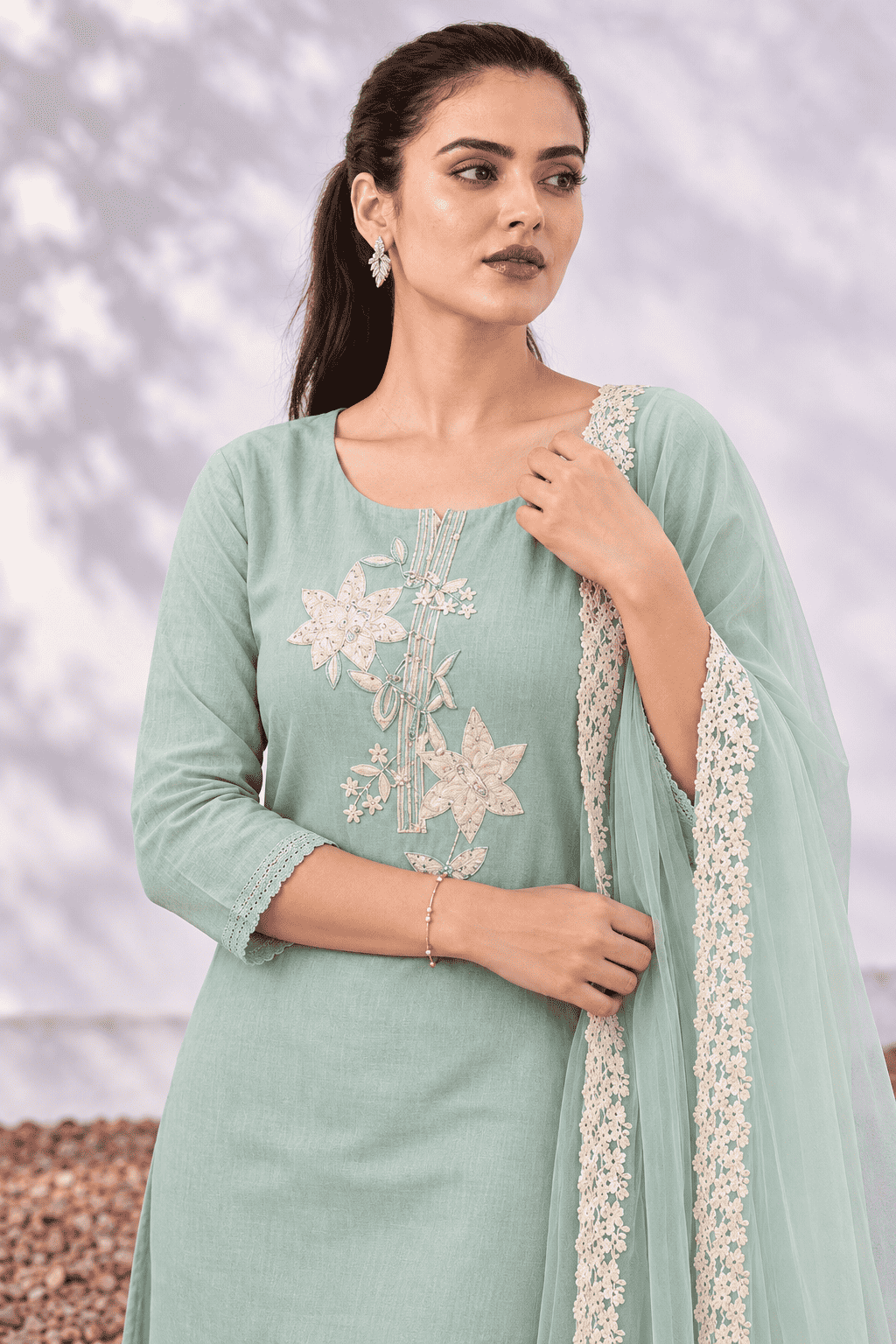 Unstitched aqua green embroidered cotton suit with dupatta
