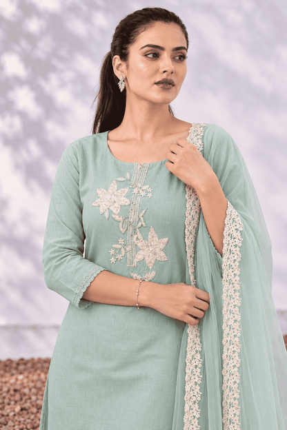 Unstitched aqua green embroidered cotton suit with dupatta