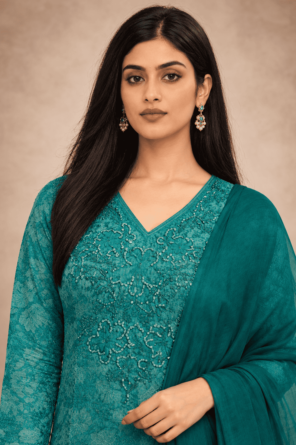 Teal green cotton kurta pant set with lightweight chiffon dupatta