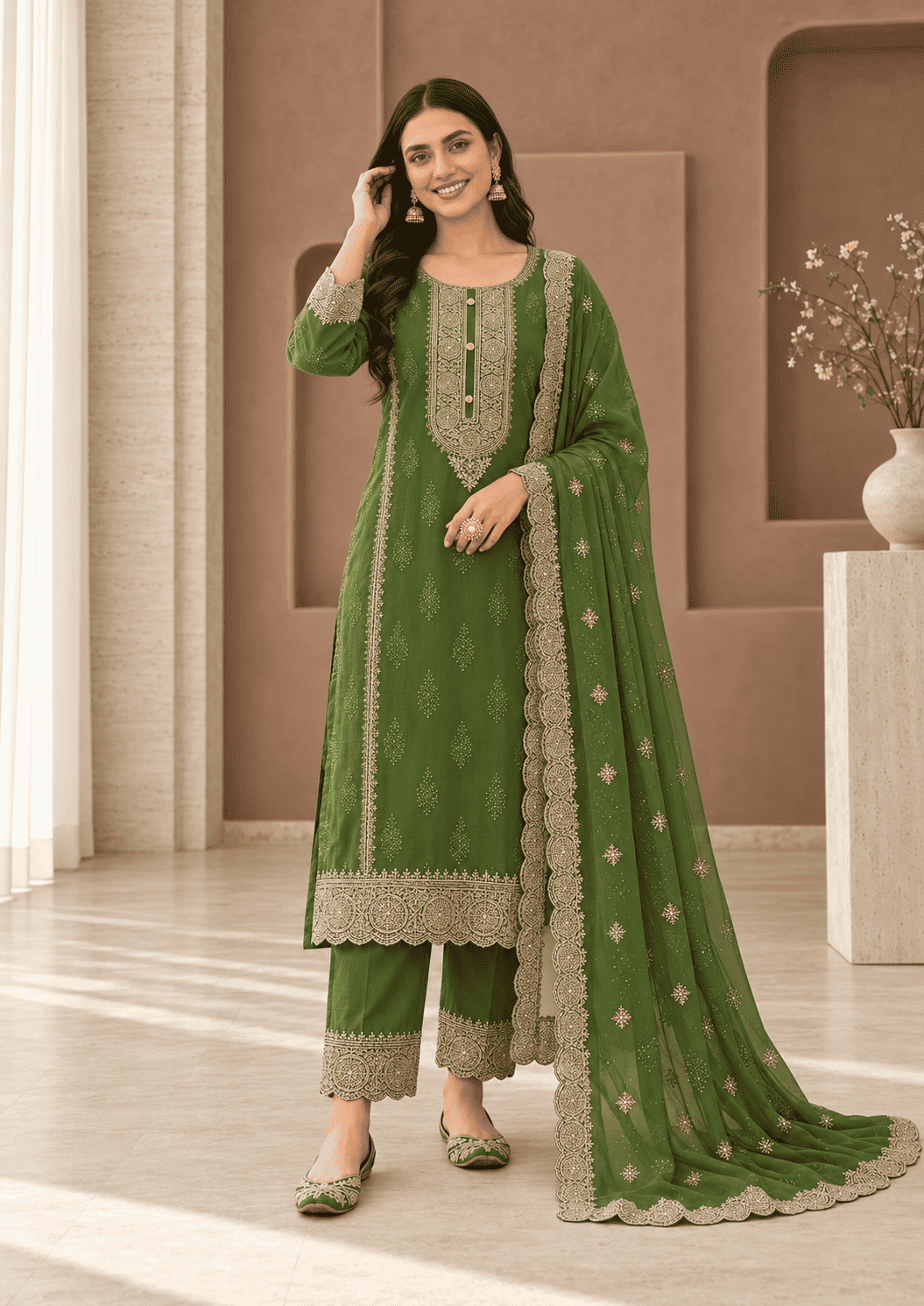 Bottle Green Semi-Stitched With Embroidery Chiffon Suit Set With Dupatta