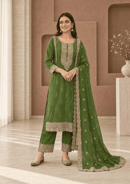 Bottle Green Semi-Stitched With Embroidery Chiffon Suit Set With Dupatta