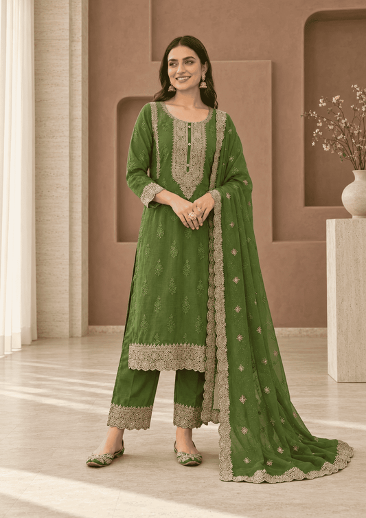 Bottle Green Semi-Stitched With Embroidery Chiffon Suit Set With Dupatta